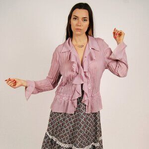 Y2K Ruffle Blouse (L) large purple vintage business casual victorian button up